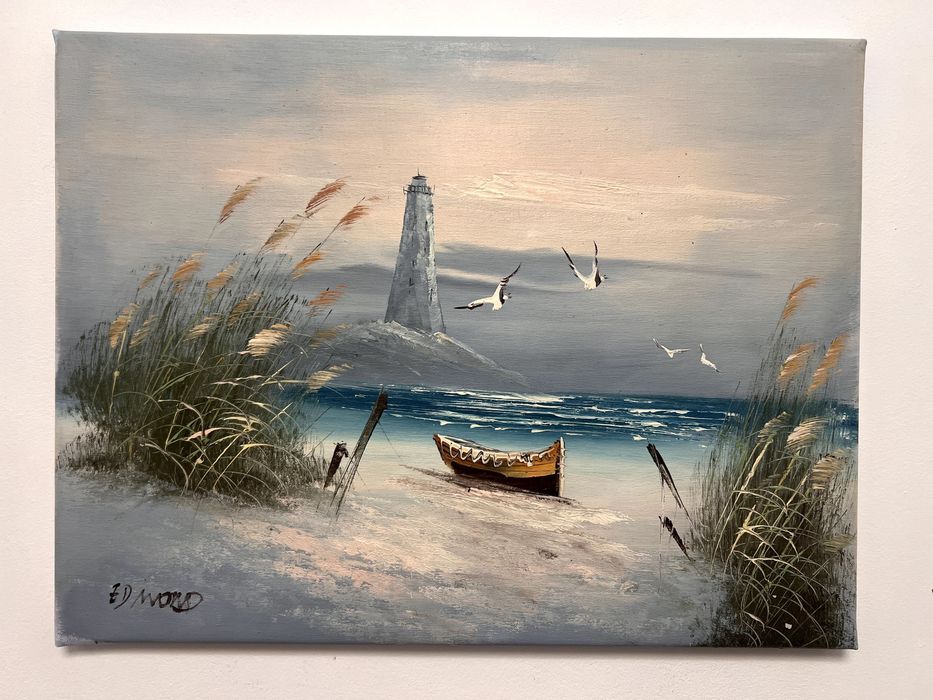 Pictura in ulei pe panza ce reprezinta o atmosferă de coastă liniștită, culori calde de apus