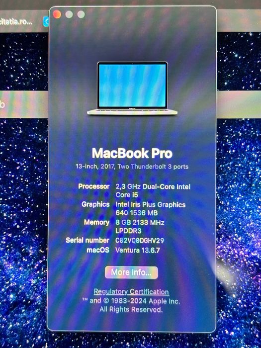 MacBook Pro 13", model 2017, Intel i5, 8GB RAM, 256 GB SSD