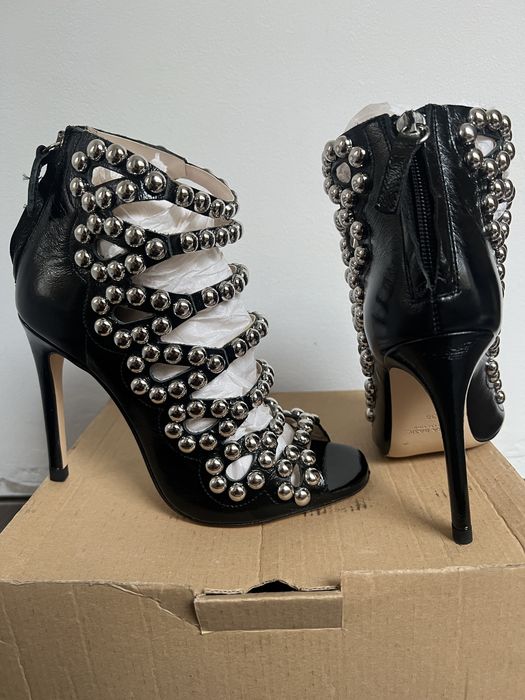 Sandale cu toc Zara, 36, negre, piele naturala cu insertii metalice