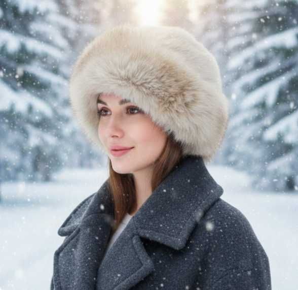 Дамска пухкава зимна шапка от луксозен изкуствен косъм