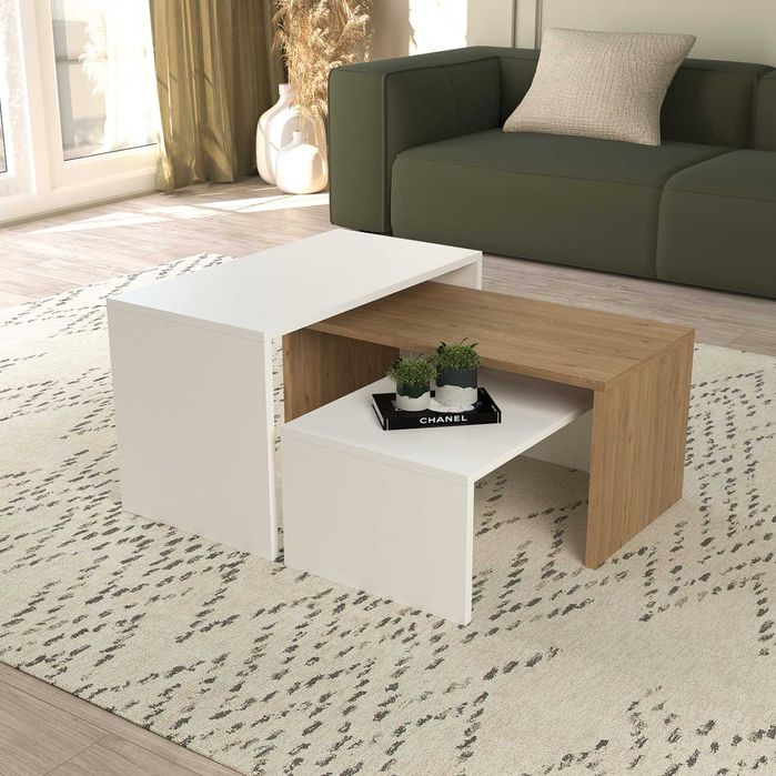 Комплект холни масички Puzzle-home HM9444, ПДЧ, Сонома - бял, 65x35x45