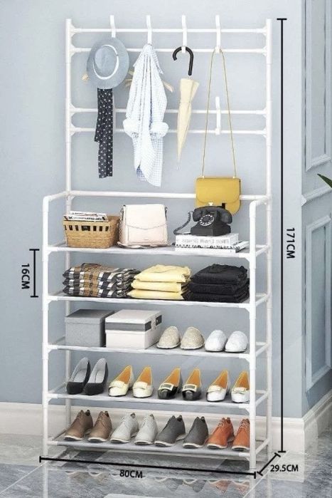 Металлическая вешалка с полками для обуви, 5 полок, 8 крючков