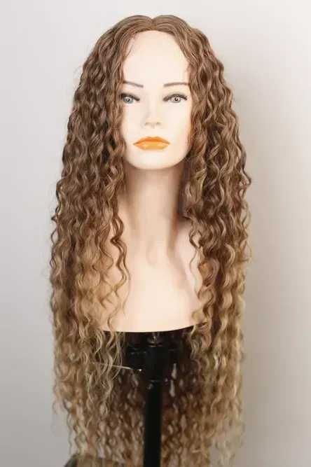 Омбре къдрици 80 см - кафява перука с реалистичен път 13x4x1