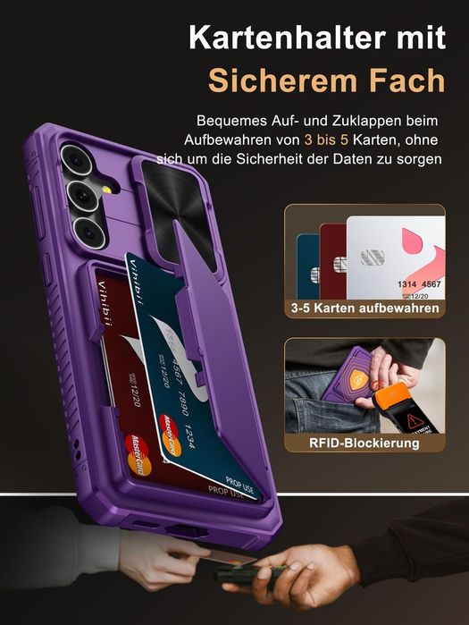 Husă Samsung Galaxy S25 FE cu 4 sloturi carduri, protecție RFID și slider cameră – Violet