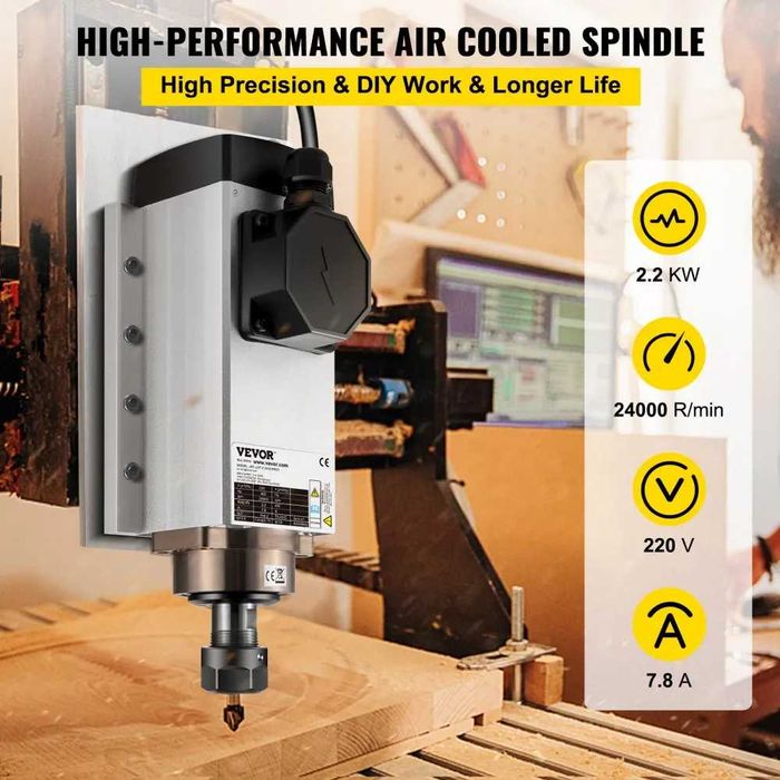 Motor Mandrina Spindle VEVOR 2.2kW CNC Răcire cu Aer, 220V, Model Pătrat Pensetă ER20, 24000 RPM, 400Hz