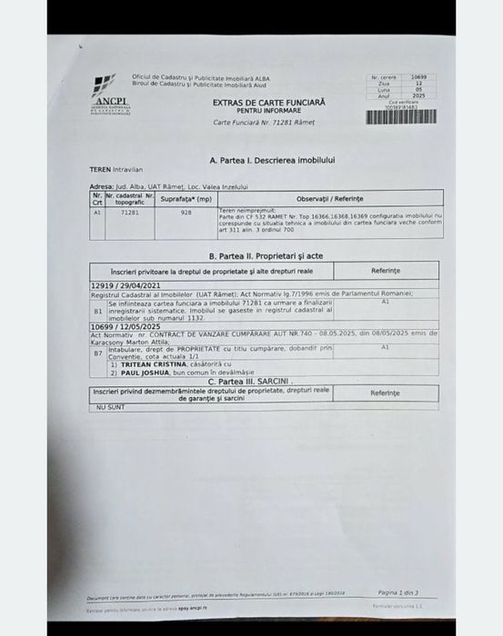 Teren Intravilan de Vânzare – 928 mp | Valea Inzelului, Râmeț, Alba | 7.800 €
