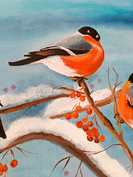 Картина, снегири. Холст, масло