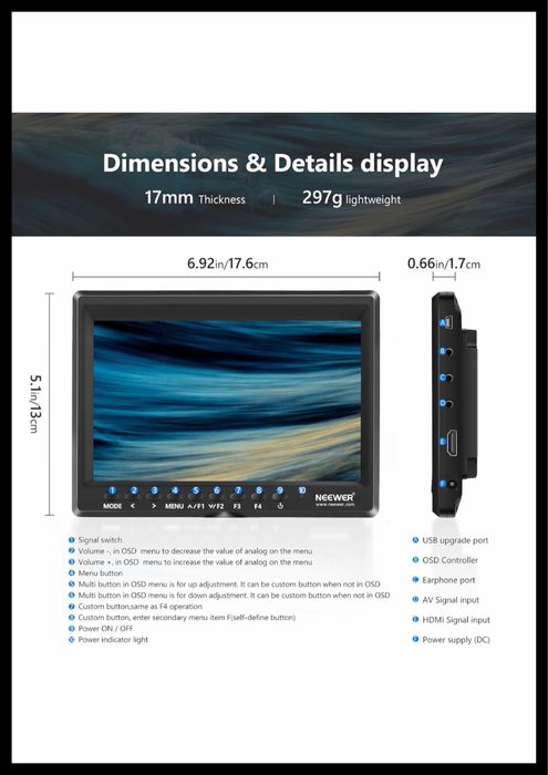 F100 7-инчов. монитор за камера. HD. Video Assist.