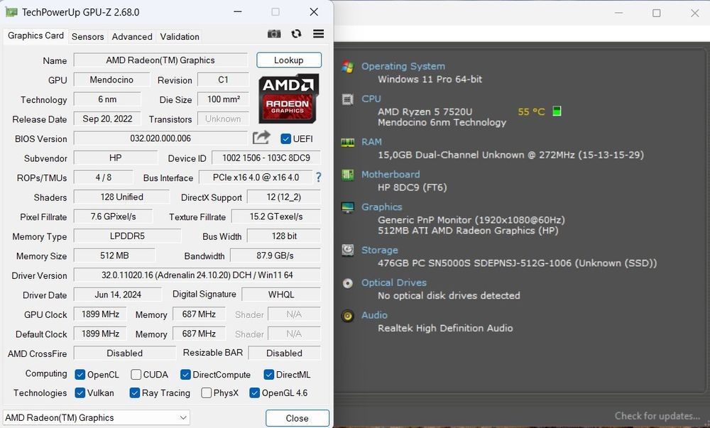 Laptop HP Ryzen 5 7520u 2,8Ghz/4,3Ghz, 16GB DDR5, 512GB, Radeon, Win11