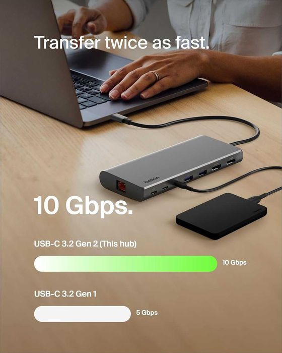 Belkin USB-C 8 в 1 хъб,2 USB-C, 2 USB-A, 2 HDMI, Ethernet и 100 W порт