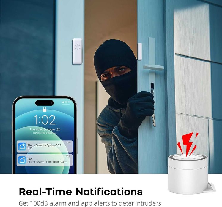Set alarma wireless casa PGST GSM 2GWiFi,Kit 21 alarme 1 alarma sirena,8 senzori usi ferestre,3 telecomenzi,Compatibil cu Alexa si Google Assistant