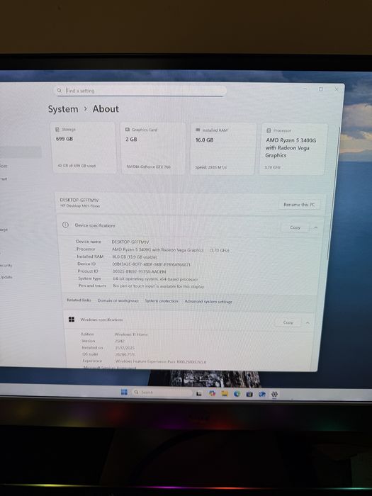 Vand HP pc Ryzen 5 3400G / 16gb ddr4 / ssd m2