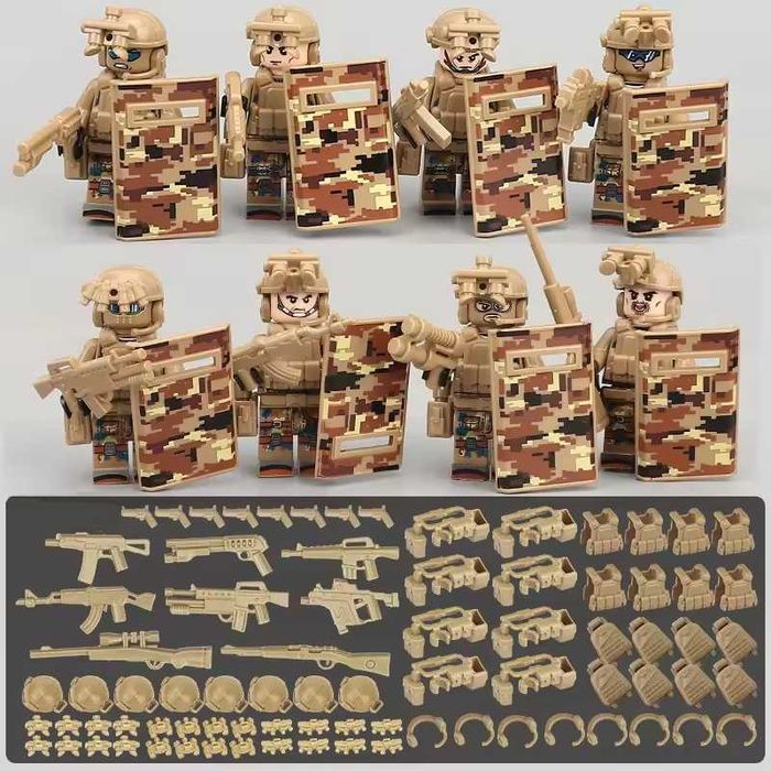 Set 8 Minifigurine tip Lego SWAT cu Scuturi si Camuflaj (4 modele)
