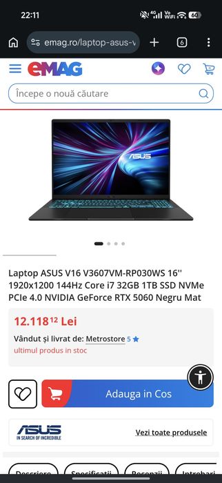 Laptop gaming ASUS V16 V3607VM-RP030WS 16"1920x1200 144Hz Core i7 32GB 1TB SSD NVMePCle 4.0 NVIDIA Geoe RTX5060