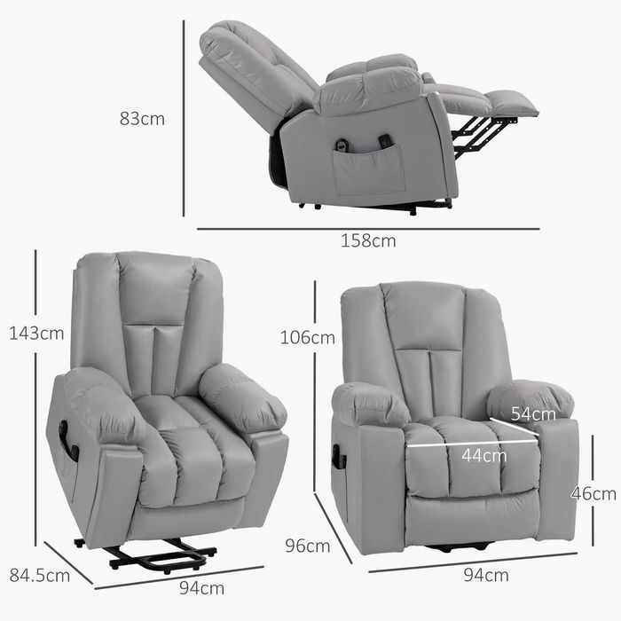 Fotoliu Recliner , cu 8 puncte de masaj , Gri , HOMCOM