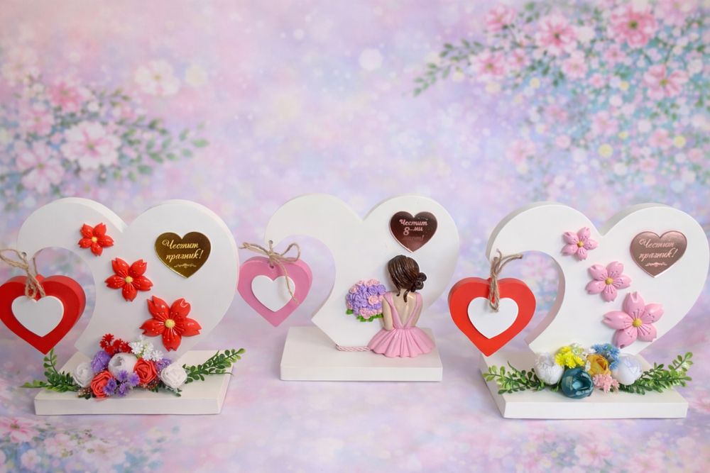 Сърца с надпис “Честит празник” или Честит 8-ми март”