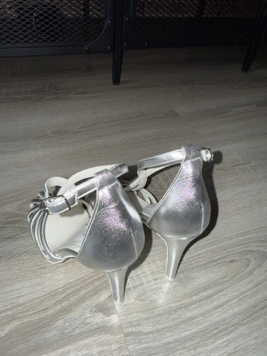 Sandale cu toc, piele naturala argintie, Veronesse, 36