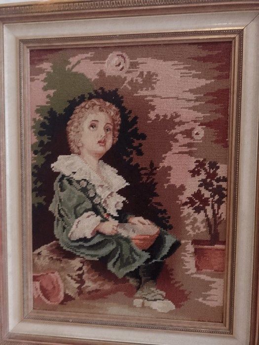 Set de două tablouri decorative vechi, cusute manual, reprezentând por