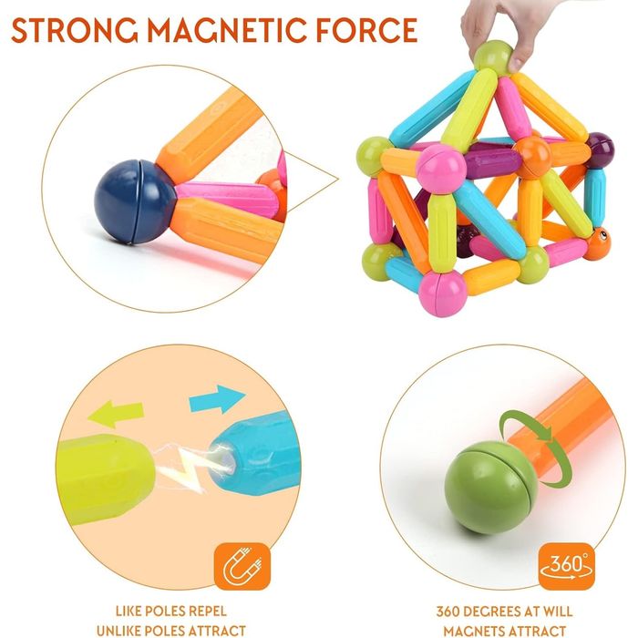 Set Magnetic cu Bete si Bile, 128 de Piese, Constructii 2D si 3D