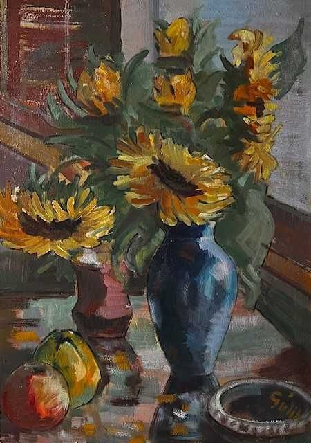 "FLOAREA SOARELUI"-Tablou f,foarte VECHI, ulei/lemn, semnat, 85x65cm