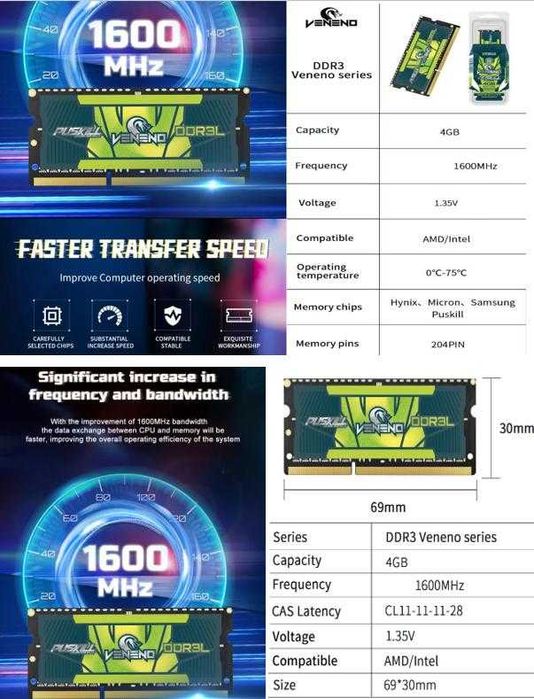 Oперативна Памет за Лаптоп Notebook Преносим Компютър 4GB 8GB DDR3 RAM DDR4 16GB Пълна Съвместимост с Intel/AMD Процесори 260pin 204pin SODIMM SO-DIMM