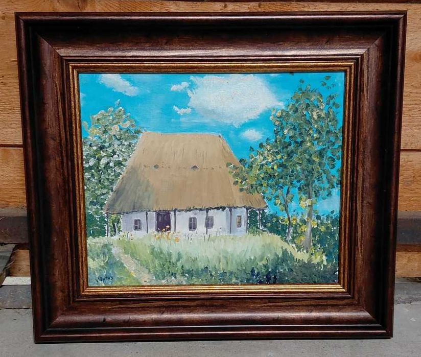 Tablou pe pânză „Căsuța cu stuf” – Semnat, ramă lemn, 40x37 cm