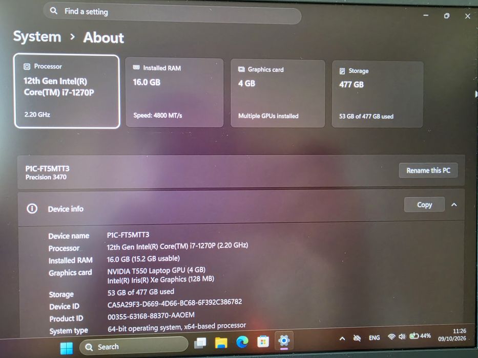 Dell Precision 3470 / i7-1270p / 16 GB DDR5 / NVIDIA T550 / 512 SSD