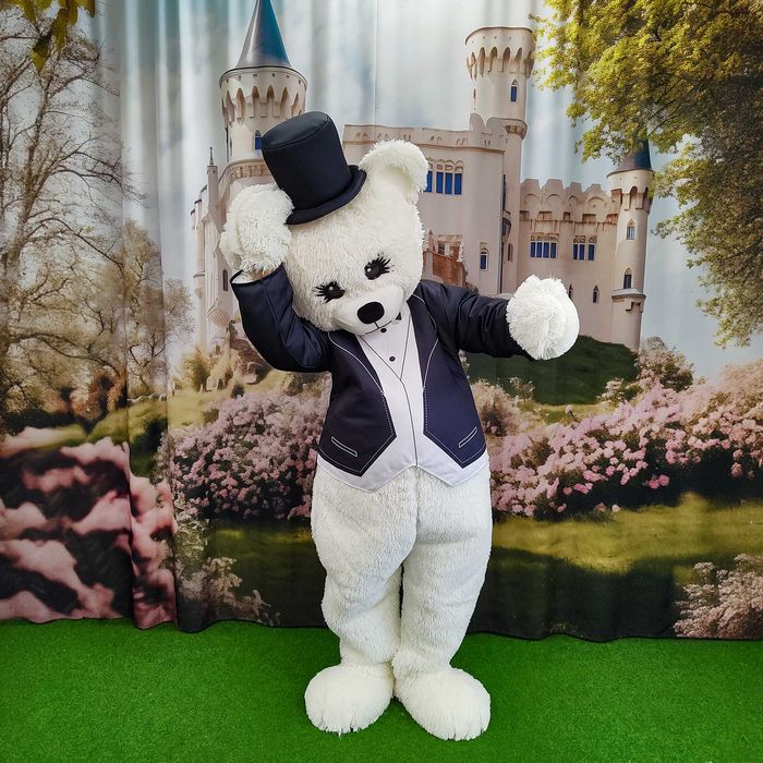 Costum mascota urs alb Teddy Bear luxury fur elegant pentru evenimente