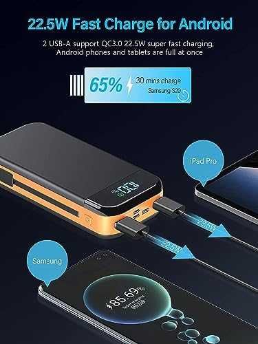 Нов Бързозаряден Power Bank 32000mAh с Вградени Кабели и LED Дисплей