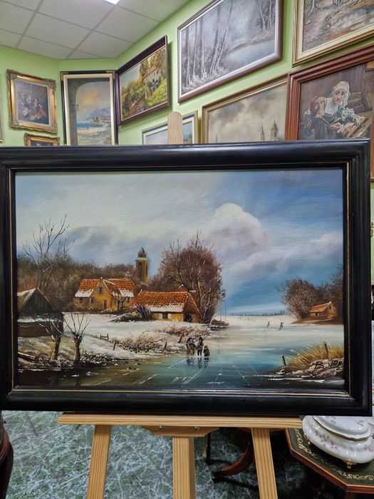 Страхотна антикварна авторска картина масло върху платно