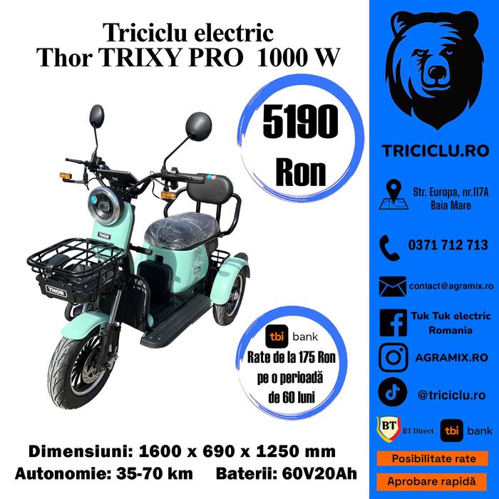 Triciclu electric tuktuk Thor TRIXY-PRO CU CIV nou Agramix