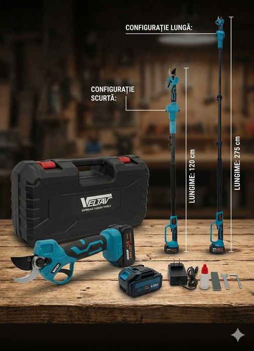 Foarfeca electrica cu prelungitor telescopic 1,2-2,7m, 2 baterii 4AH