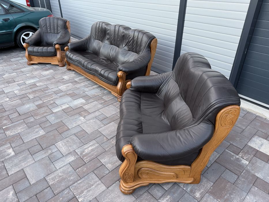 Set canapea canapele 3 - 2 - 1 - 1 Lemn Masiv + PIELE Naturala Rustic
