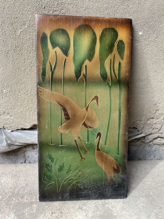картина журавли на металлическом листе