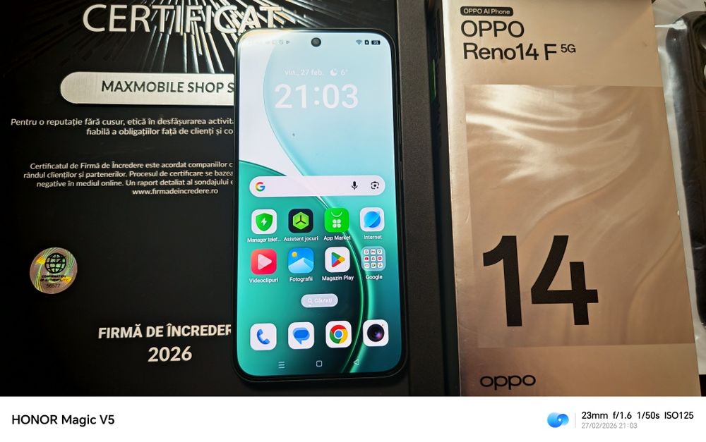 Oppo Reno 14F -5G Louminous Green / 256 GB Pachet încarcator și husa