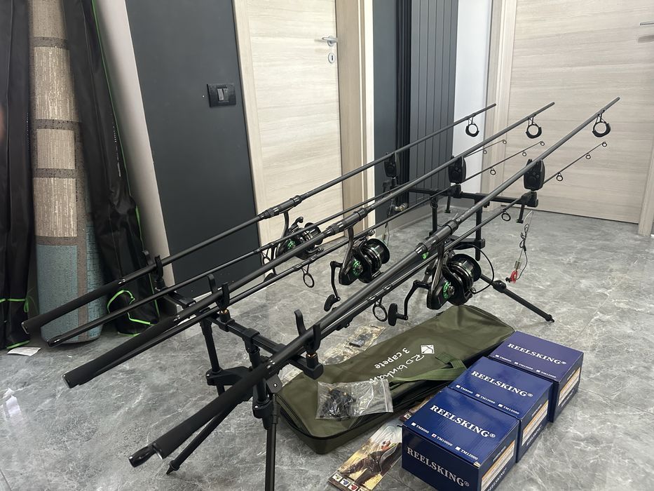 Set pescuit crap complet – 3 lansete FL 3.90m + Reelsking TM10000 + Rod Pod Robinhan 3 posturi