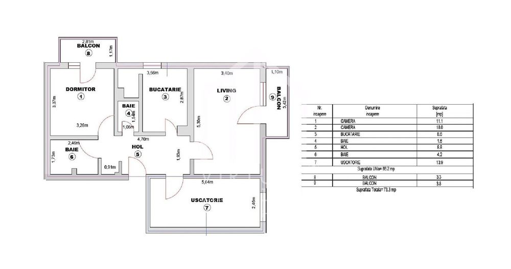 Apartamet cu 3 camere, decomandat, 66mp utili+2 balcoane, Turnisor