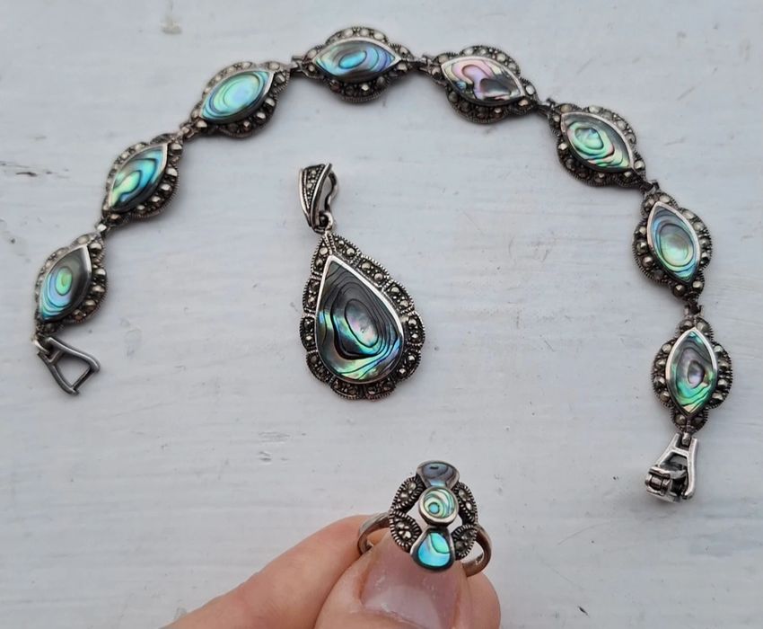 Set, brățară, pandantiv și inel - argint 925 cu abalone și marcasite