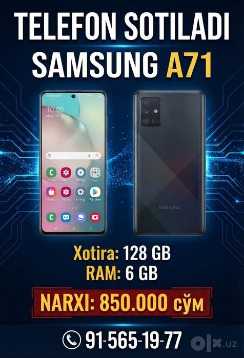 Samsung Galaxy A71 128GB xotira telefon sotiladi. Holati yaxshi.