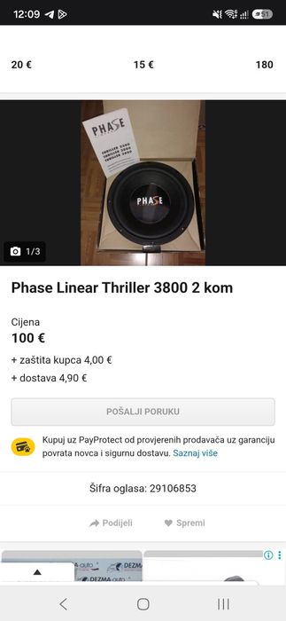 Vând sistem audio auto complet – 1 subwoofer cu 2 Difuzoare  Phase Linear Thriller + stație Signat RAM 2 Mark II cu 4 Canale