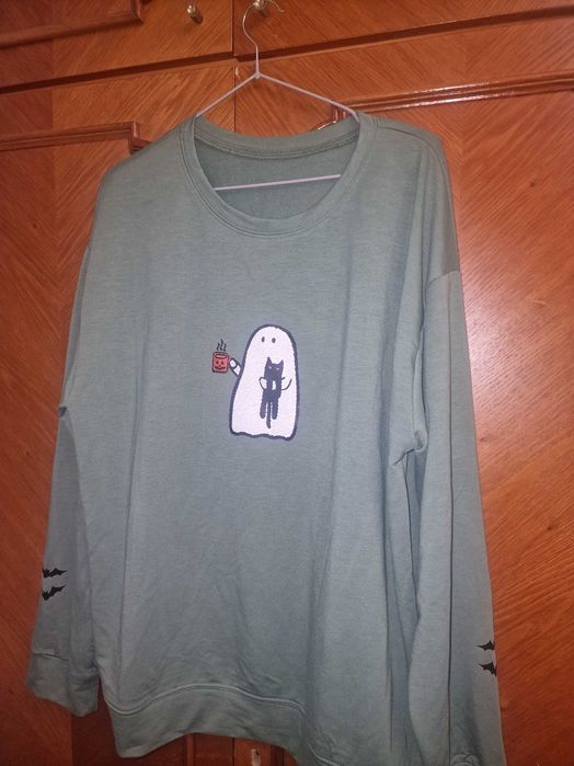 Bluza dama verde Halloween cu fantoma si pisica