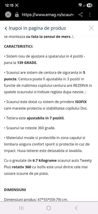 Scaun auto cu isofix, rotativ 360°, poziție somn, de la 0-36 kg