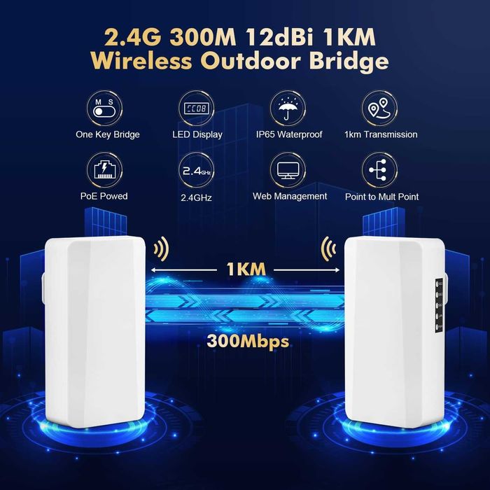 2 x bridge wireless WiFi exterior PtP Ethernet,2.4 GHz 1 km,PoE 24 V