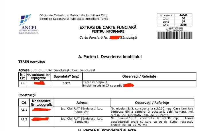 Teren intravilan 5.971 mp, Săndulești (centru) – Livadă, 2 case, potențial parcelare