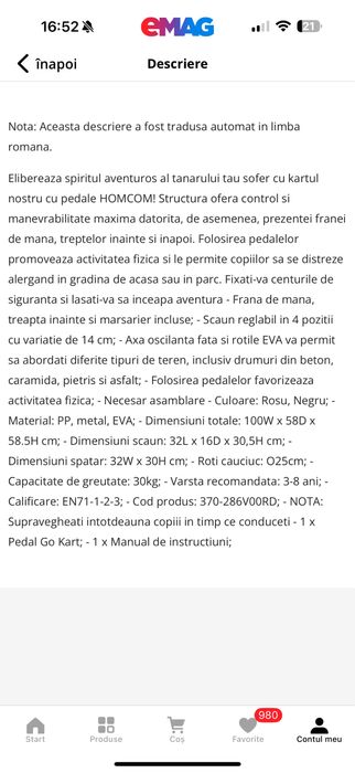 Kart copii Homcom, scaun reglabil - pana la 8 ani