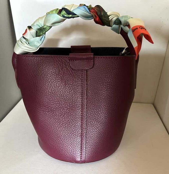 Елегантна малка чанта с копринен шал, 100% естествена кожа, Италия