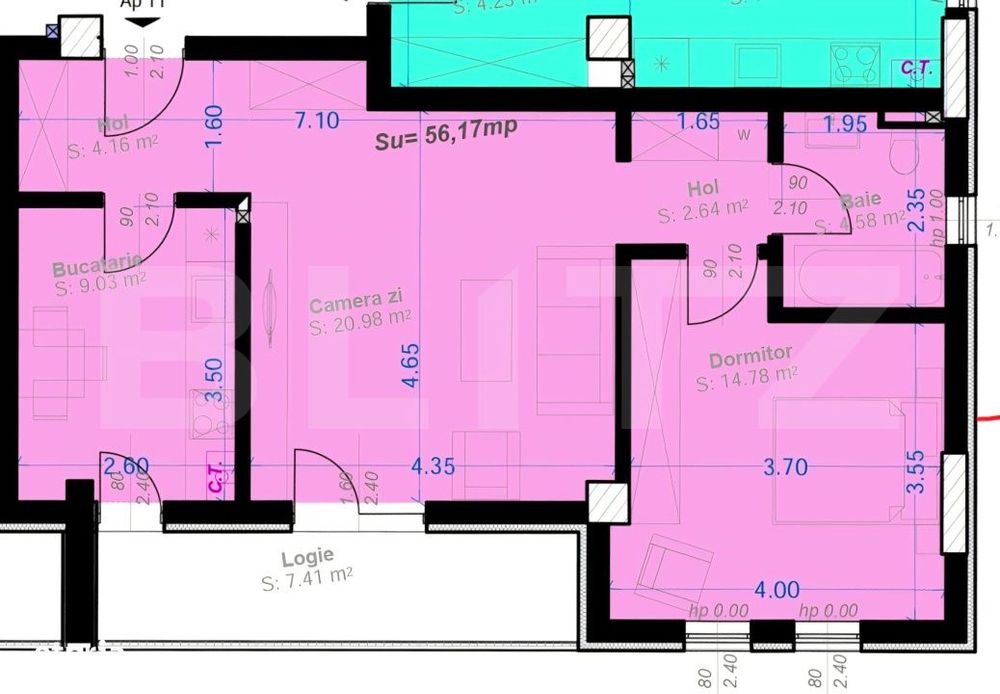 Apartament 2 camere, 56.17 mp, zona Aradului