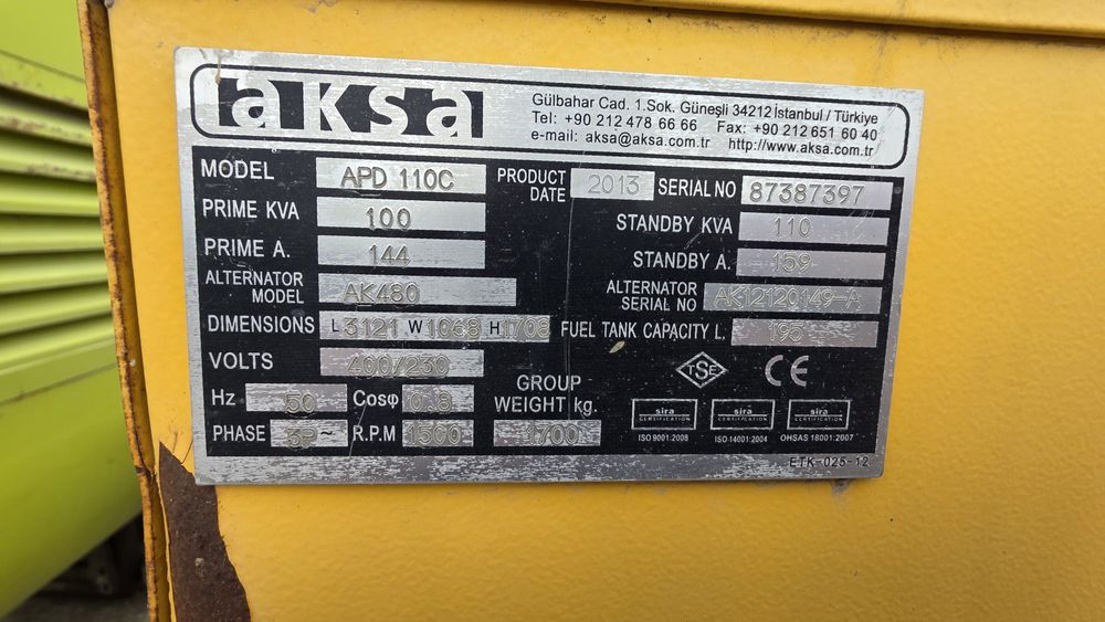 Дизельный генератор AKSA APD 110C