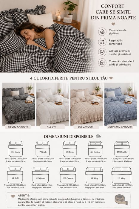 Set lenjerie de pat Gingham cu volane | Stil Cottage & Romantic