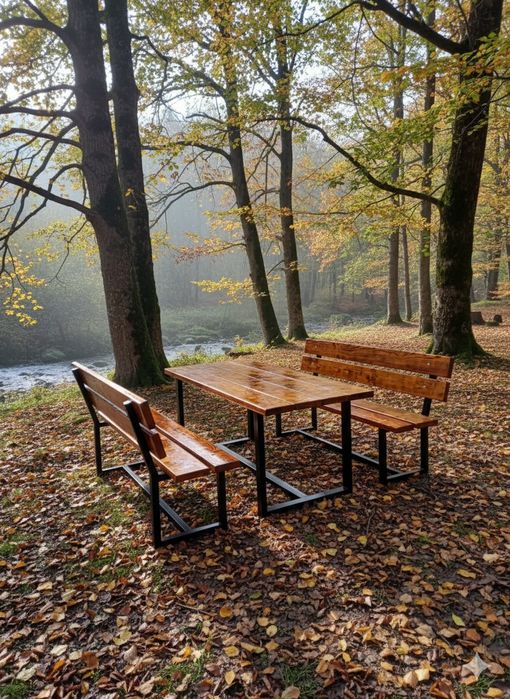 Set masă și bănci de terasă – lucrat manual, lemn ars și cadru metalic